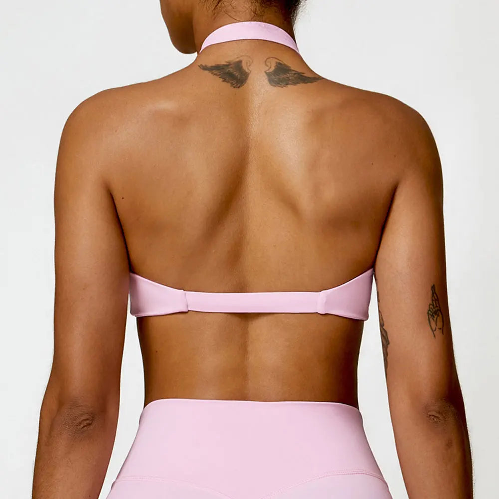 Nylon Halter Twist Bra — Push-Up Yoga & Gym