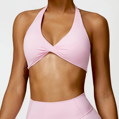 Nylon Halter Twist Bra — Push-Up Yoga & Gym