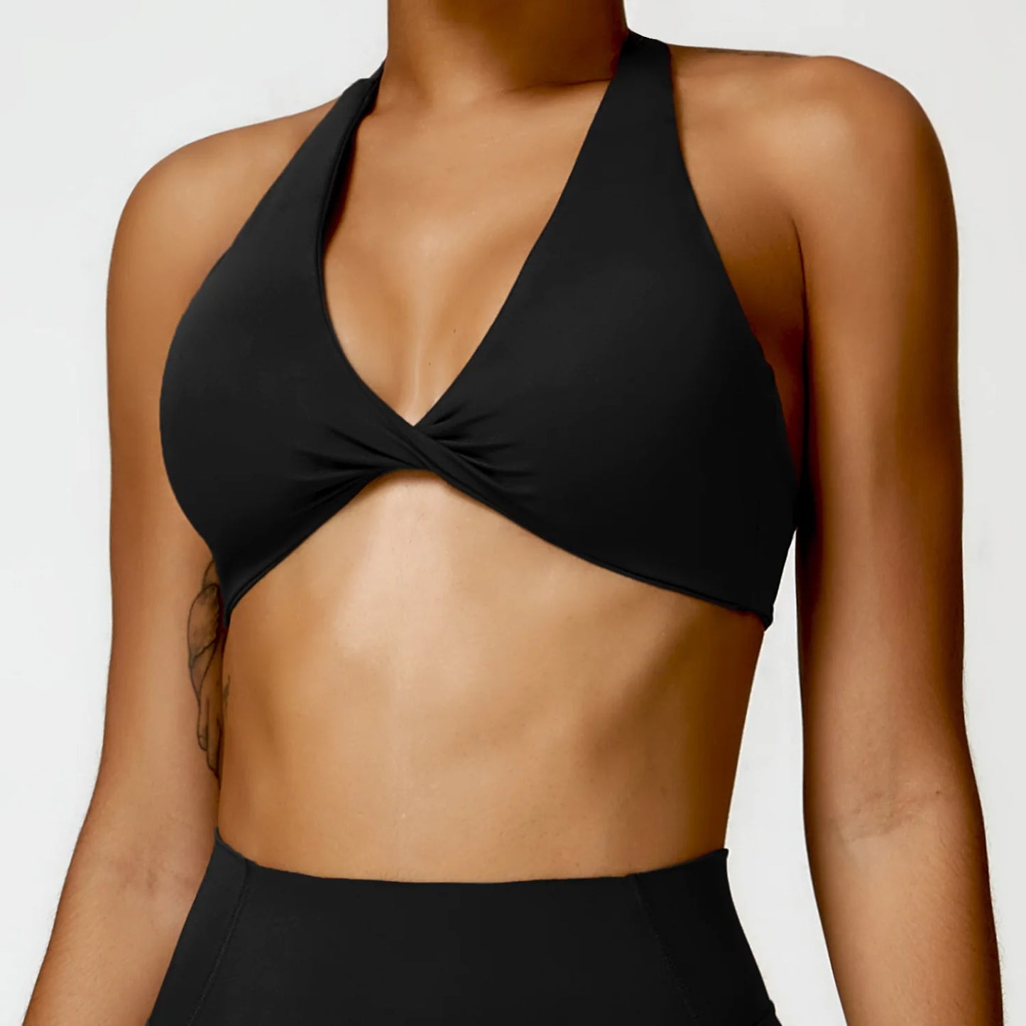 Nylon Halter Twist Bra — Push-Up Yoga & Gym