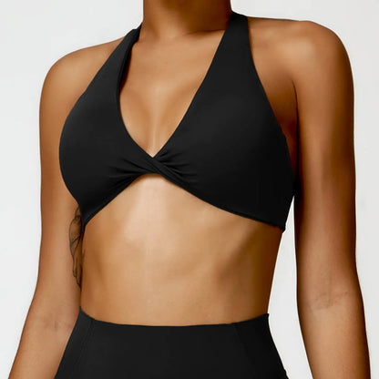 Nylon Halter Twist Bra — Push-Up Yoga & Gym