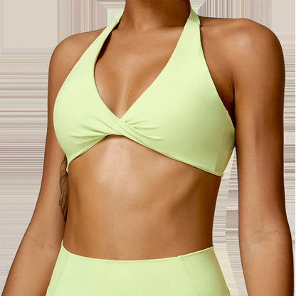 Nylon Halter Twist Bra — Push-Up Yoga & Gym