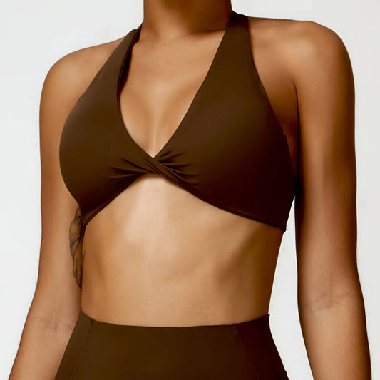 Nylon Halter Twist Bra — Push-Up Yoga & Gym