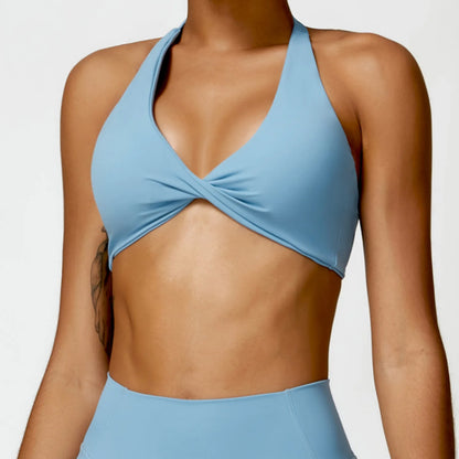 Nylon Halter Twist Bra — Push-Up Yoga & Gym