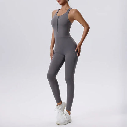 Sleek Zipper Yoga Romper – One-Piece Fitness