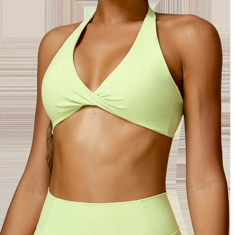 Nylon Halter Twist Bra — Push-Up Yoga & Gym