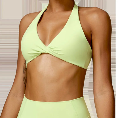 Nylon Halter Twist Bra — Push-Up Yoga & Gym
